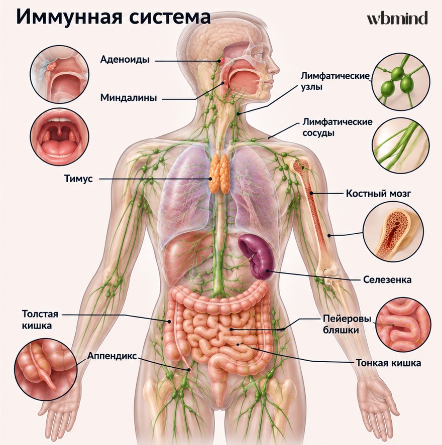 Схема імунної системи: аденоїди, мигдалики, тимус, лімфатичні вузли й судини, кістковий мозок, селезінка, пейєрові бляшки, апендикс