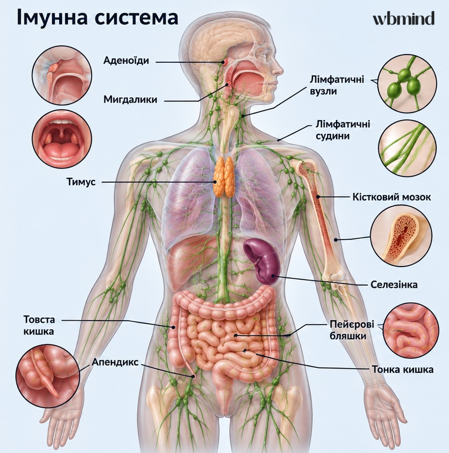 Схема імунної системи: аденоїди, мигдалики, тимус, лімфатичні вузли й судини, кістковий мозок, селезінка, пейєрові бляшки, апендикс