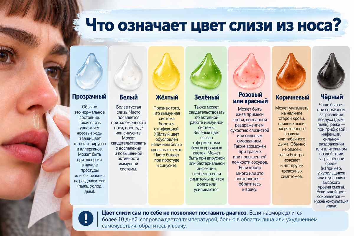 Что означает цвет слизи из носа: инфографика